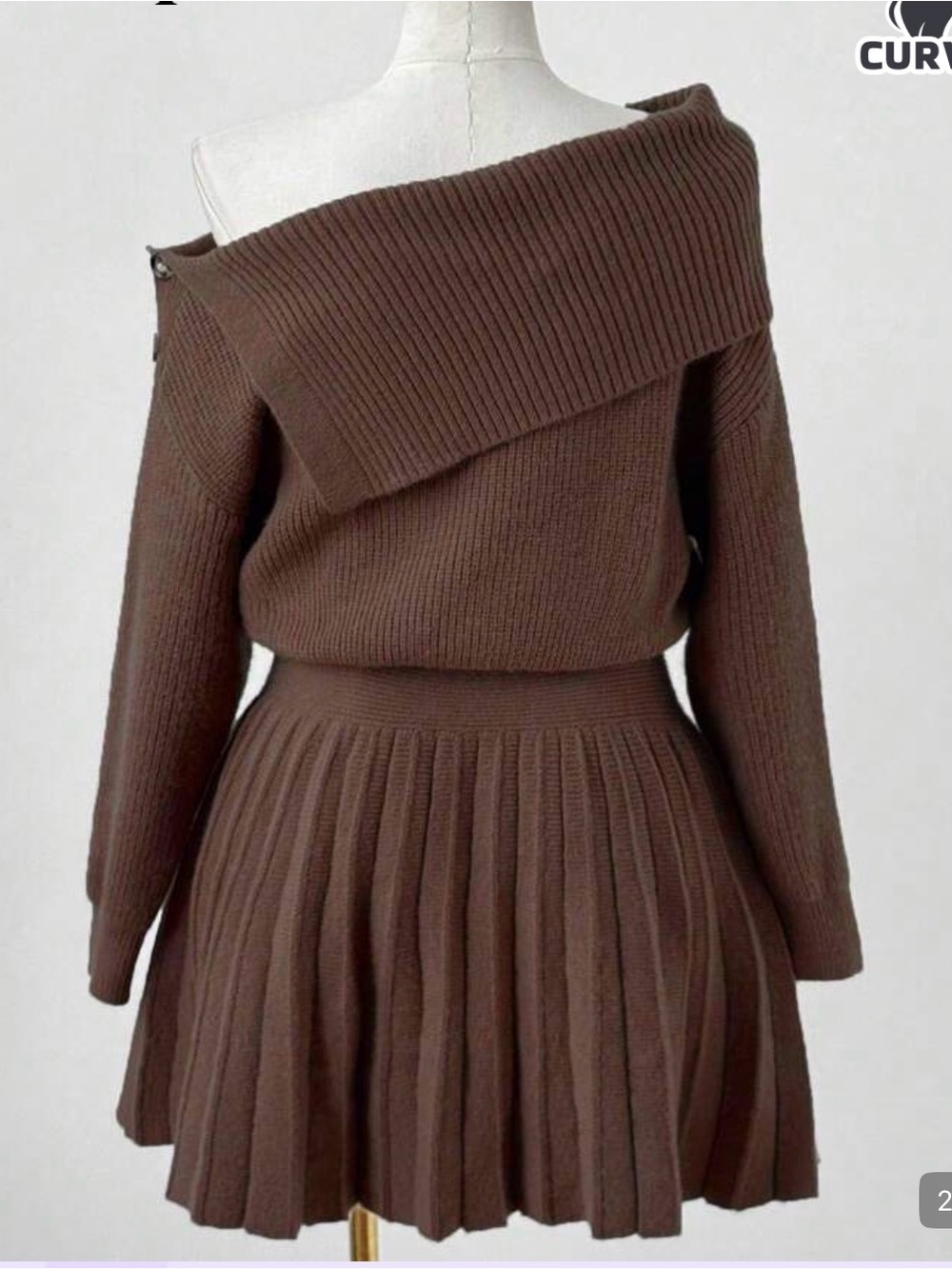 SHEIN Brown Off-Shoulder Ribbed sweater Mini Dress - Picture 2 of 8